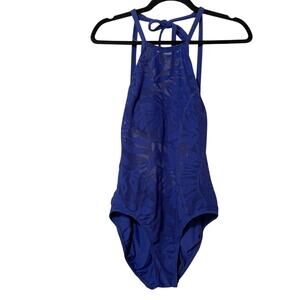 Robin Piccone Royal Blue Halter Lace One Piece Swimsuit 10 Sheer Floral Design